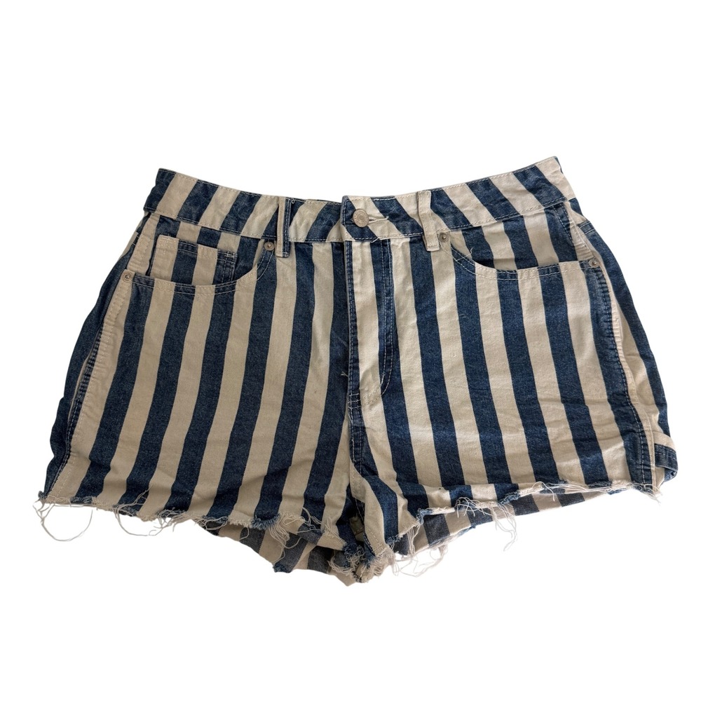 Blue White Striped High Waisted Denim Shorts Raw Hem Size 29 Grunge Festival